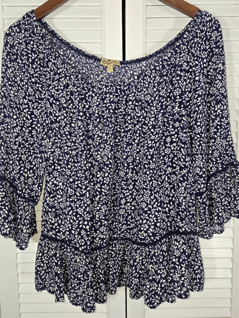 Democracy Navy White Floral Boho Off The Shoulder 3/4 Flutter Peplum Top Sz L